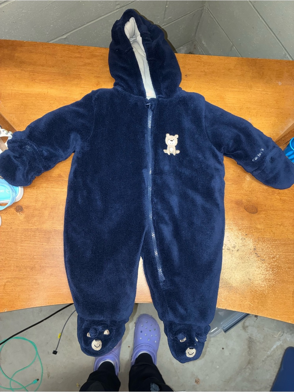 Carter's Navy Plush Hooded One-Piece with Bear Applique
